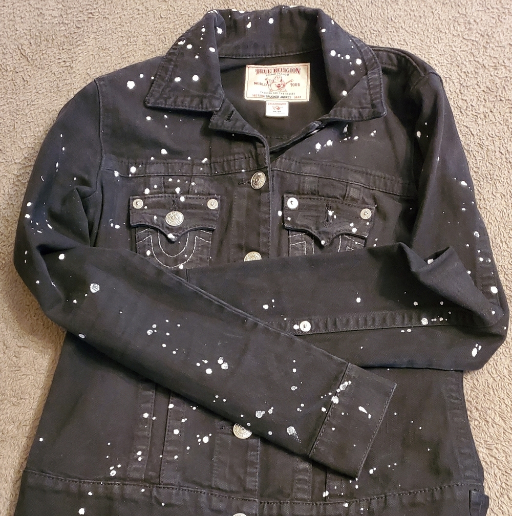True Religion Womens Medium Black Paint Splatter Trucker Denim Jacket
